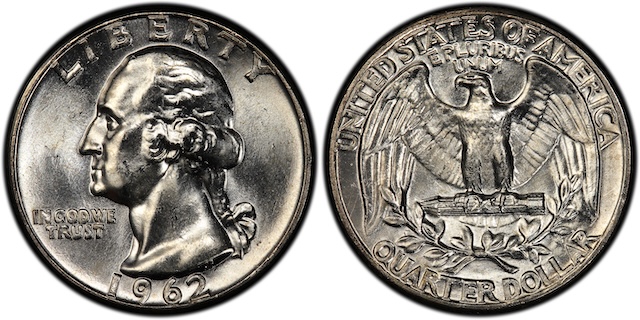 Side-by-side comparison of common 1962 quarter obverse versus the DDO FS-101 doubled die variety showing doubling on Washington's eye and LIBERTY lettering