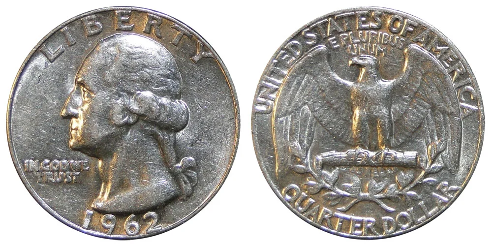 Group of 1962 Washington silver quarters representing different mint marks and condition tiers including Philadelphia, Denver, and Proof examples
